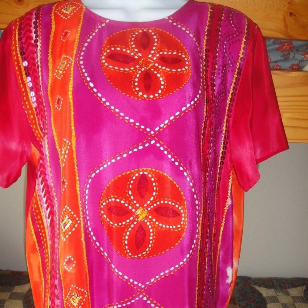 NEW * Diane Gilman 100% SILK s/s ORANGE Hot PINK Sequin TUNIC Top * sz S or M